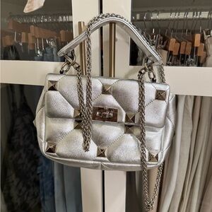 Valentino Silver Quilted Studded Shoulder Bag